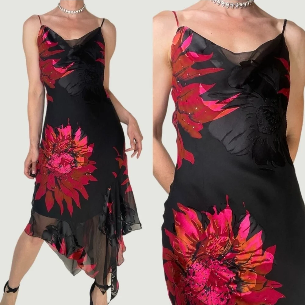 Cache silk beaded floral slip Cocktail dress sequin midi neck - Picture 2 of 4